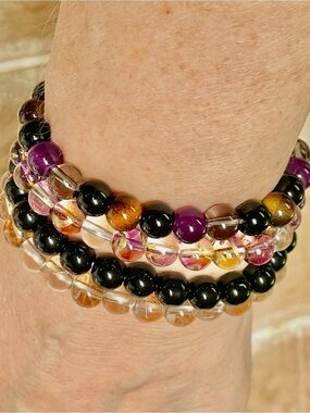 Multi-Strand Beaded Bracelet Set — Purple, Black, Amber, Clear
